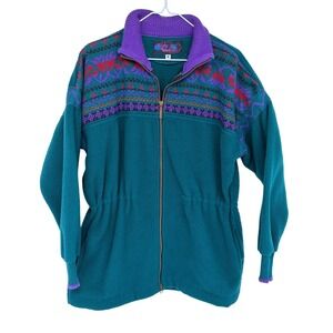 Vintage 80s Early Winters Fleece Jacket Medium Women's Teal Purple Geometric Vtg